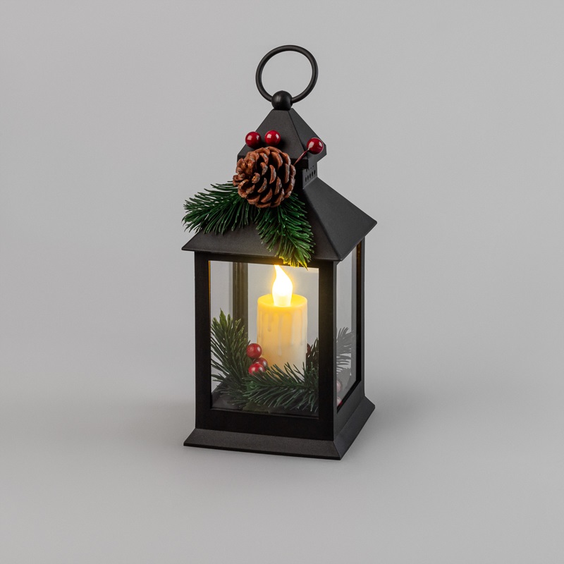 Фонарь декоративный со свечкой и шишкой, черный корпус, размер 10,5х10,5х23,5 см, цвет теплый белый