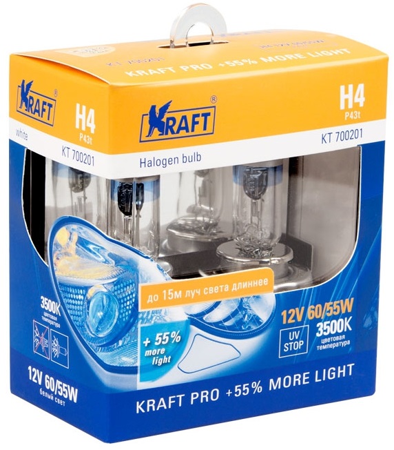 Лампа автомобильная Н4 3500К +55% 12v 60/55W блистер 2 шт KRAFT от ...
