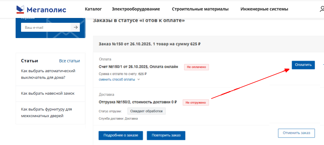 Шаг 'Оформление заказа-Выбор оплаты созданного заказа' на сайте Мегаполис
